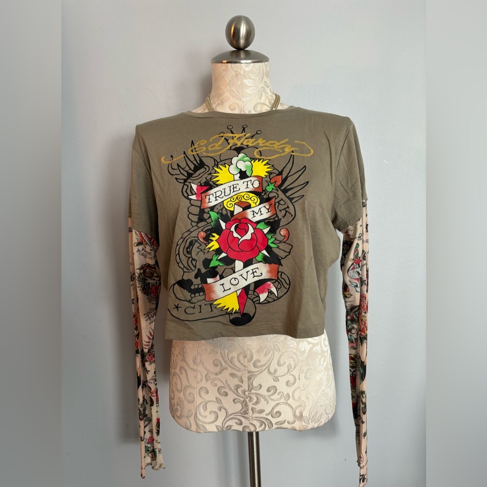🆕 Ed Hardy Crop Top Tatoo Sleeves Size XL. #R